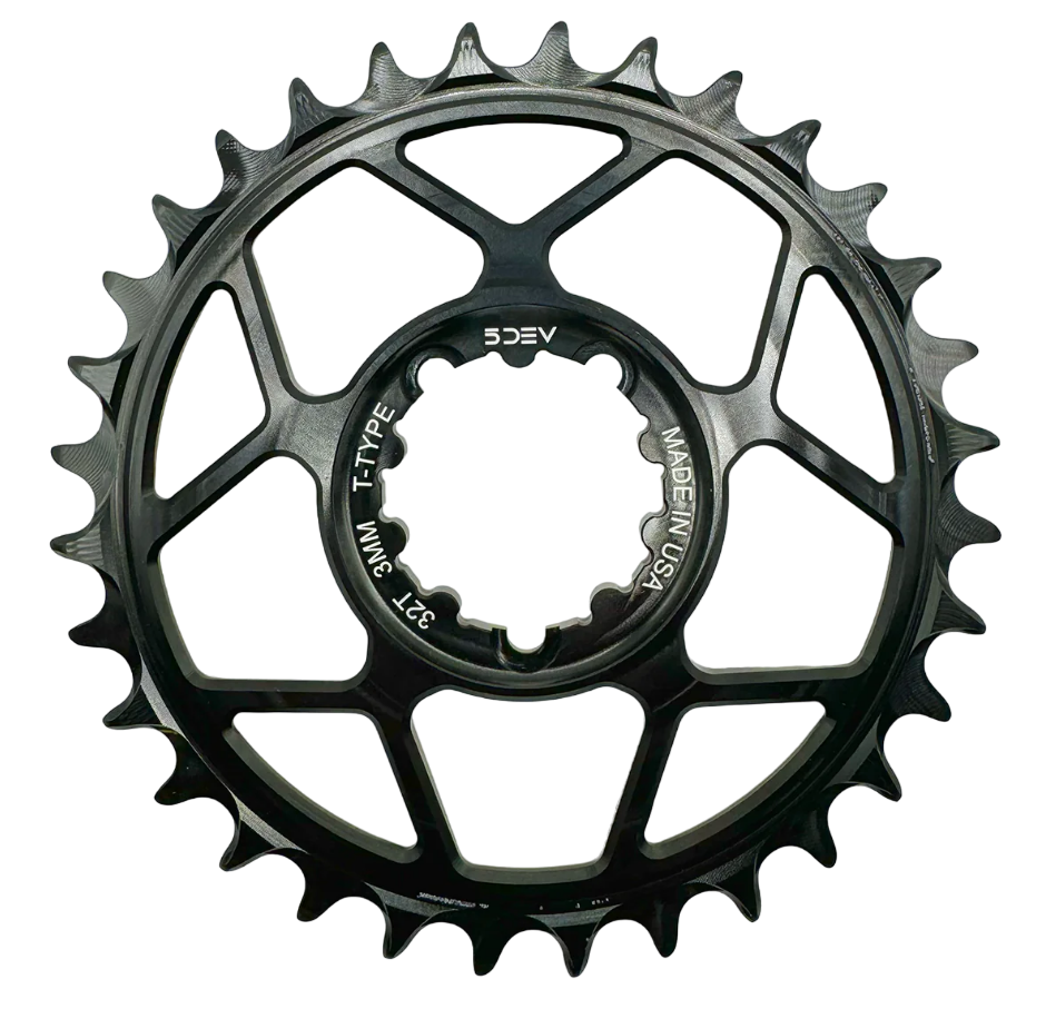 5Dev T-Type Aluminum Chainring, Black, Sram 8 Bolt, 30 Tooth, 3mm Offset MPN: CRA-T8-30-01 UPC: 850058721156 Direct Mount Chainrings Aluminum 8 Bolt Chainring