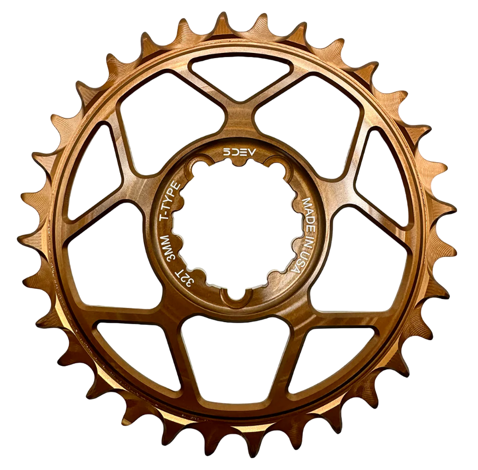 5Dev T-Type Aluminum Chainring, Kash, Sram 3 Bolt, 34 Tooth, 3mm Offset MPN: CRA-T3-34-13 UPC: 850058721132 Direct Mount Chainrings Aluminum 3 Bolt Chainring