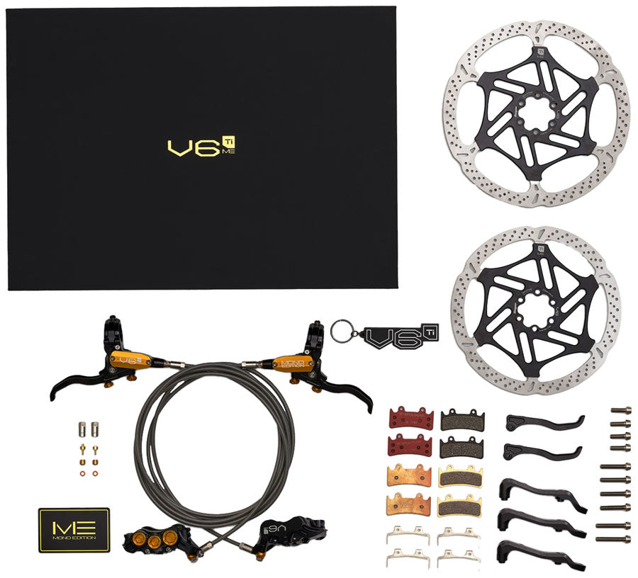 Hope EVO V6Ti Ltd Mono Edition Complete Disc Brake Boxset - Levers, 6-Piston Calipers, Vented Rotors, Hoses, Pads, MPN: T4EV6T2220BME Disc Brake & Lever EVO V6Ti Limited Mono Edition Complete Disc Brake Boxset