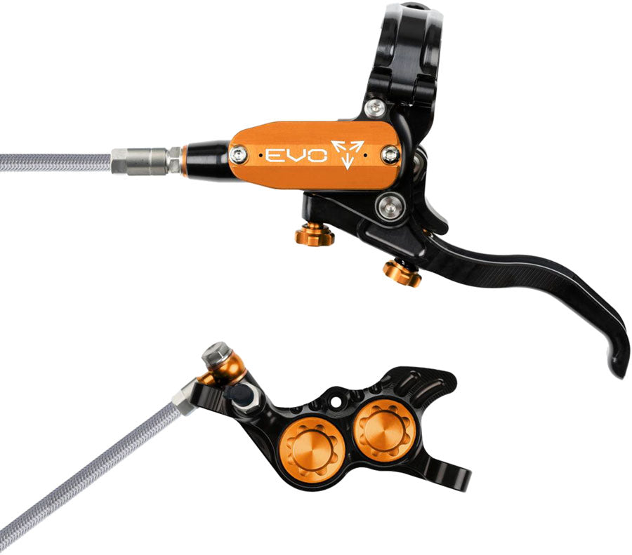 Hope EVO GR4 Disc Brake and Lever Set - Left Hand, Post Mount, 4-Piston, Braided Hydraulic Hose, Black/Orange MPN: T4EG4NCBL Disc Brake & Lever EVO GR4 Gravity Disc Brake & Lever Set