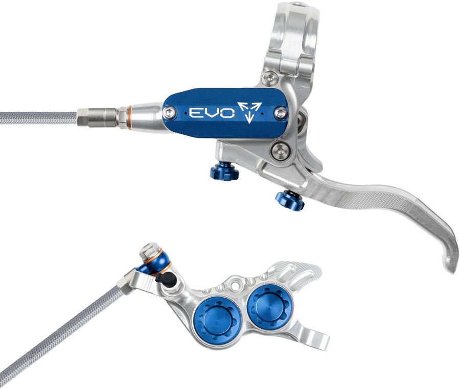 Hope EVO GR4 Disc Brake and Lever Set - Left Hand, Post Mount, 4-Piston, Braided Hydraulic Hose, Silver/Blue MPN: T4EG4SBBL Disc Brake & Lever EVO GR4 Gravity Disc Brake & Lever Set