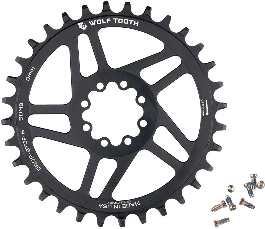 Wolf Tooth Direct Mount Chainring - 34t, SRAM Direct Mount, Drop-Stop B, For SRAM 8-Bolt Cranksets, 0mm Offset, Black MPN: SDM8-R-B-00F-34 UPC: 810006808957 Direct Mount Chainrings SRAM 8-Bolt Direct Mount Chainrings