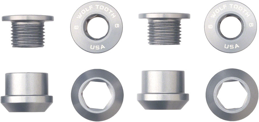 Wolf Tooth 1x Chainring Bolt Set - 6mm, Dual Hex Fittings, Set/4, Raw Silver