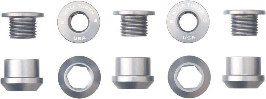 Wolf Tooth 1x Chainring Bolt Set - 6mm, Dual Hex Fittings, Set/5, Raw Silver