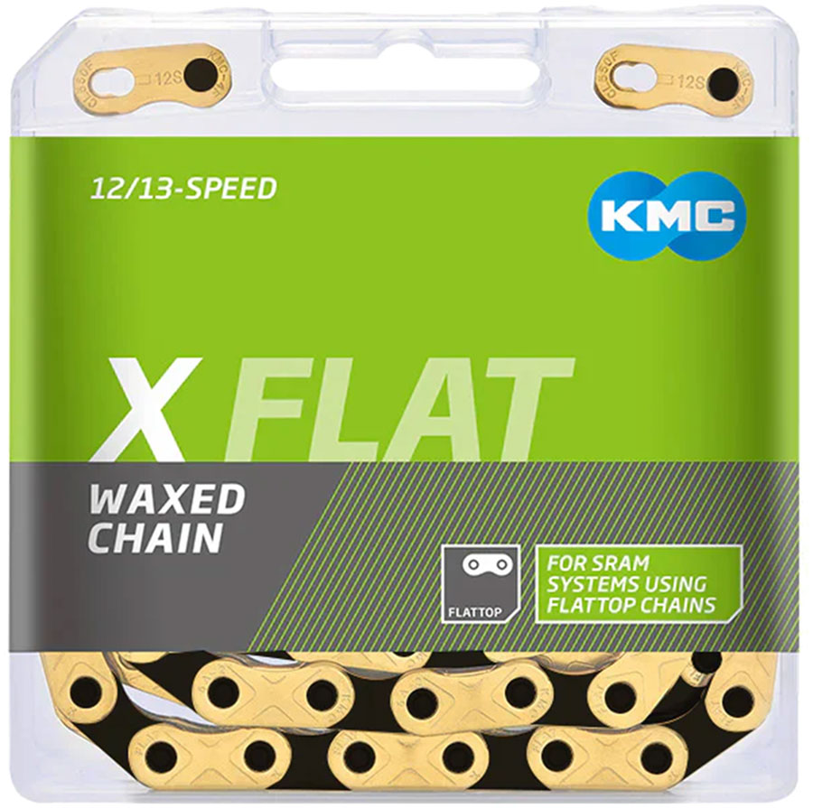 KMC X-Flat Waxed Chain - 12/13-Speed, 126 Links, Compatible with SRAM T-Type and AXS Systems, Ti Gold/Black - Chains - X-Flat Waxed Chain