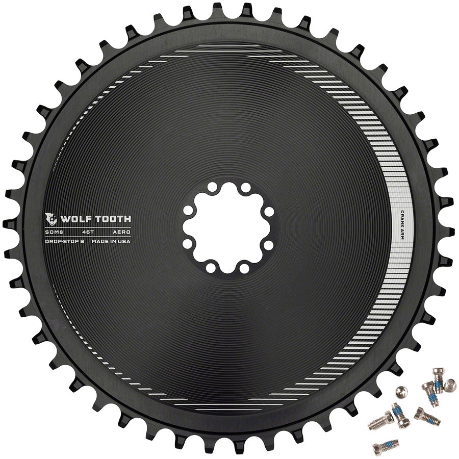 Wolf Tooth Aero Direct Mount Chainring - 46t, Direct Mount SRAM 8-Bolt, Drop-Stop B, Black MPN: SDM8-R-B-06P-46A UPC: 812719029360 Direct Mount Chainrings Aero Direct Mount SRAM 8-Bolt Chainring