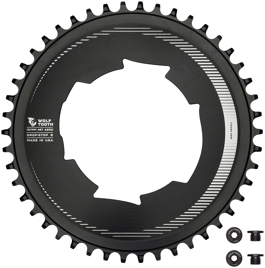 Wolf Tooth Aero 107 BCD Chainring - 46t, Optimized for SRAM Eagle and Flaptop Chains, Drop-Stop B, Black MPN: 107SR4-R-B-00F-46A UPC: 812719029407 Direct Mount Chainrings Aero 107 BCD Chainrings for SRAM