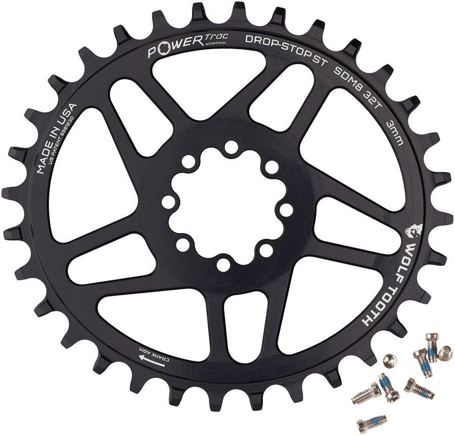 Wolf Tooth Elliptical Direct Mount Chainring - 32t, SRAM 8-Bolt DM, 3mm Offset, Drop-Stop ST, Requires HG+ Chain, Black MPN: SDM8-V-S-03P-32 UPC: 810159402835 Direct Mount Chainrings Elliptical 8-Bolt Direct Mount Chainring for Hyperglide+ Chain