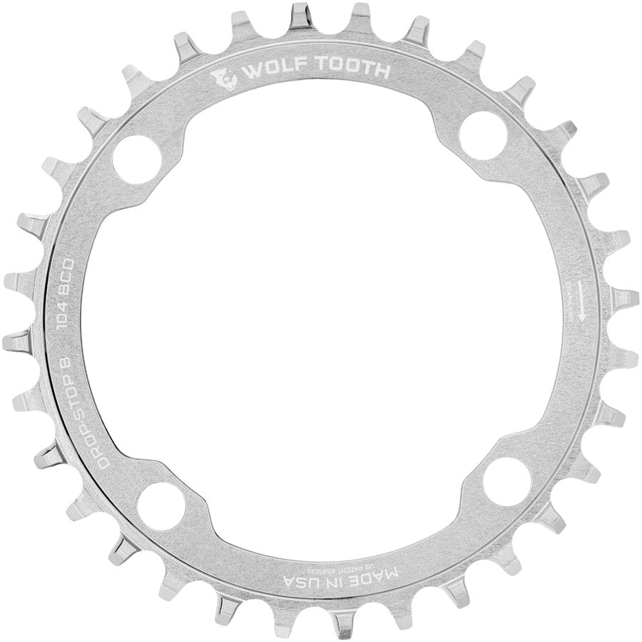Wolf Tooth 104 BCD Chainring - 30t, 104 BCD, 4-Bolt, Drop-Stop B, Raw Silver MPN: 10430-B-PLT UPC: 810159402095 Chainring 104 BCD Chainrings