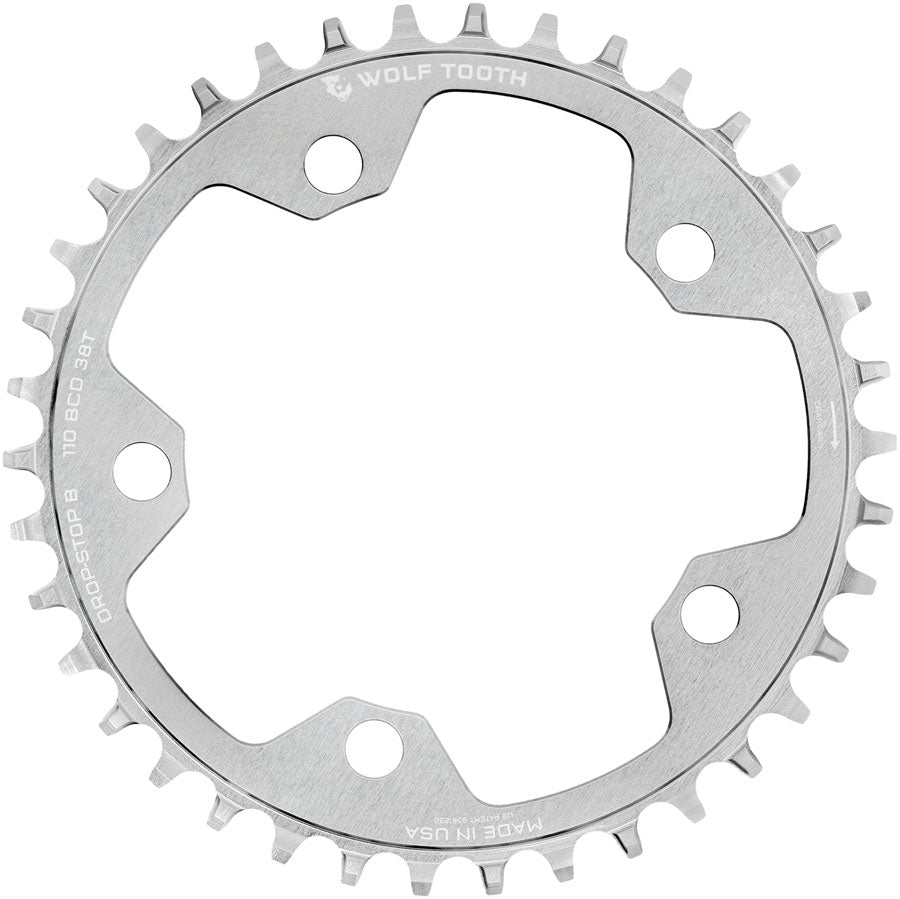 Wolf Tooth 110 BCD Cyclocross and Road Chainring - 38t, 110 BCD, 5-Bolt, Drop-Stop B, Raw Silver MPN: 11038-FT-PLT UPC: 810159402019 Chainring 110 BCD Chainrings