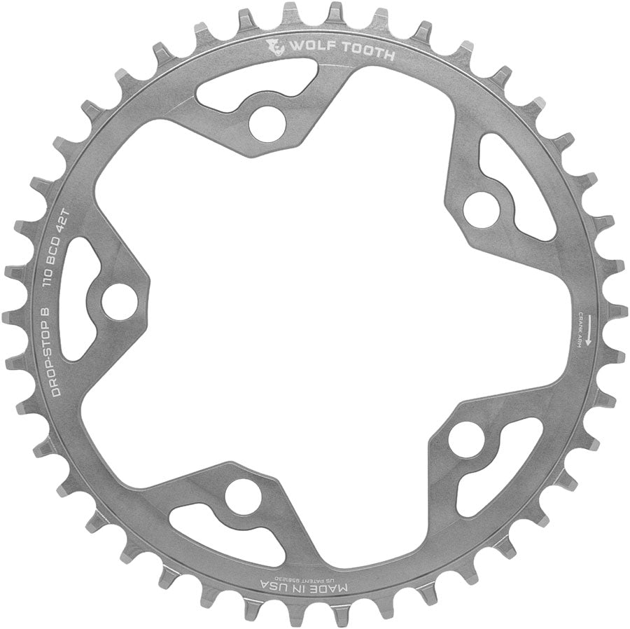 Wolf Tooth 110 BCD Cyclocross and Road Chainring - 42t, 110 BCD, 5-Bolt, Drop-Stop B, Raw Silver MPN: 11042-FT-PLT UPC: 810159402026 Chainring 110 BCD Chainrings