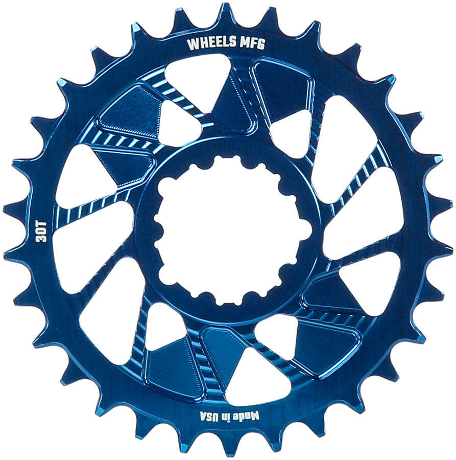 Wheels Manufacturing Direct Mount Chainring - 30t, SRAM 3-Bolt Direct Mount, 3mm Offset, T-Type Chain Compatible, Blue MPN: CR-SR313-30-6 UPC: 810124714161 Direct Mount Chainrings Direct Mount T-Type Compatible Chainring