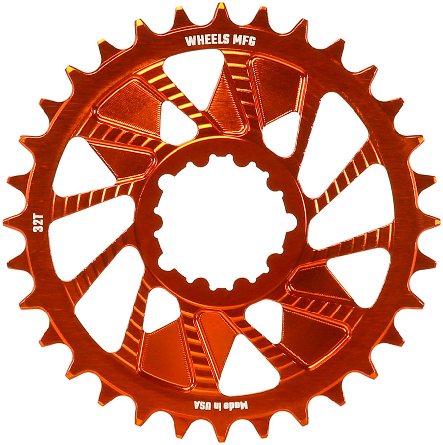 Wheels Manufacturing Direct Mount Chainring - 32t, SRAM 3-Bolt Direct Mount, 3mm Offset, T-Type Chain Compatible, Orange MPN: CR-SR313-32-3 UPC: 810124714215 Direct Mount Chainrings 3-Bolt Direct Mount T-Type Chain Compatible Chainring