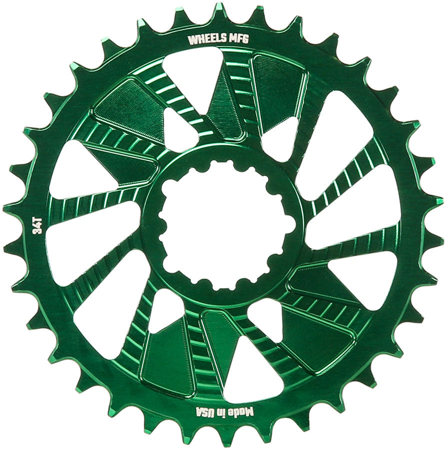 Wheels Manufacturing Direct Mount Chainring - 34t, SRAM 3-Bolt Direct Mount, 3mm Offset, T-Type Chain Compatible, Green MPN: CR-SR313-34-9 UPC: 810124714321 Direct Mount Chainrings Direct Mount T-Type Compatible Chainring