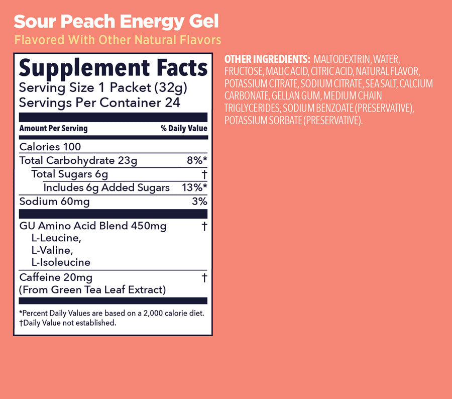 GU Energy Gel - Sour Peach,  Box of 24 - Gel - Energy Gel