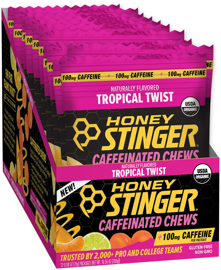 Honey Stinger High Caffeinated Energy Chews - Tropical Twist, Box of 12 Packets - Chew - Caffeinated Energy Chews