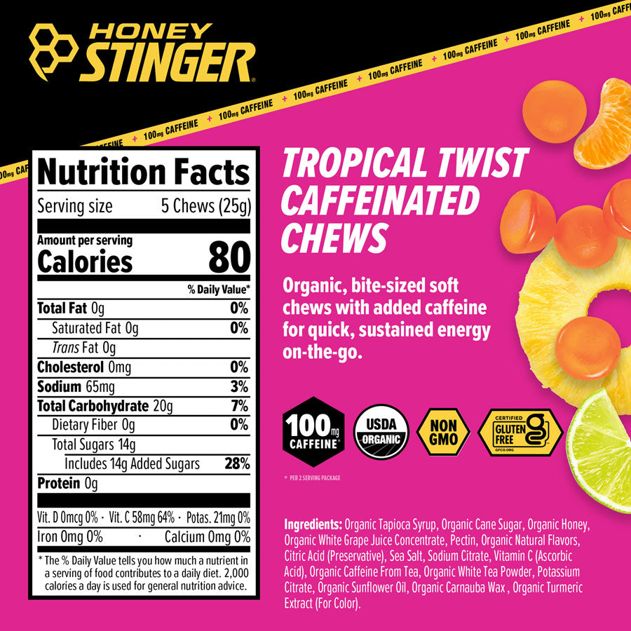 Honey Stinger High Caffeinated Energy Chews - Tropical Twist, Box of 12 Packets - Chew - Caffeinated Energy Chews