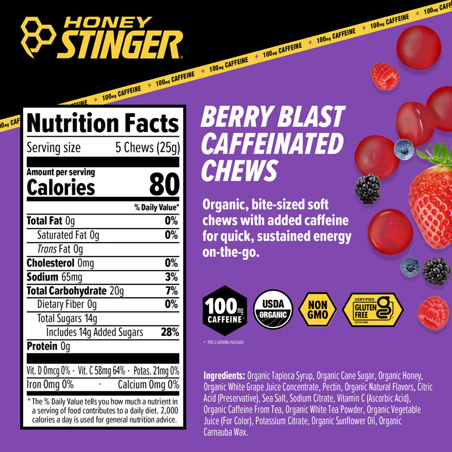 Honey Stinger High Caffeinated Chews - Berry Blast, Box of 12 Packets - Chew - Caffeinated Energy Chews