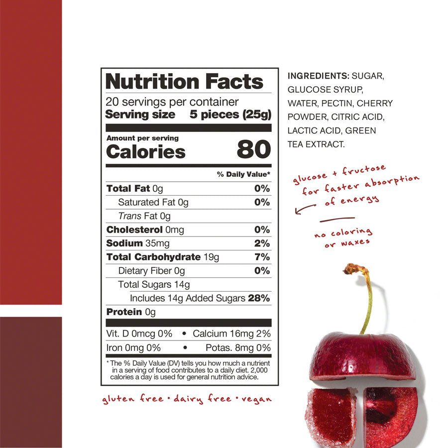 Skratch Labs Energy Chews Sport Fuel - Caffeinated Sour Cherry, Box of 10 MPN: ECS-SC-50G/10 UPC: 858690007751 Chew Energy Chews Sport Fuel