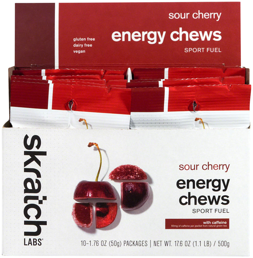 Skratch Labs Energy Chews Sport Fuel - Caffeinated Sour Cherry, Box of 10