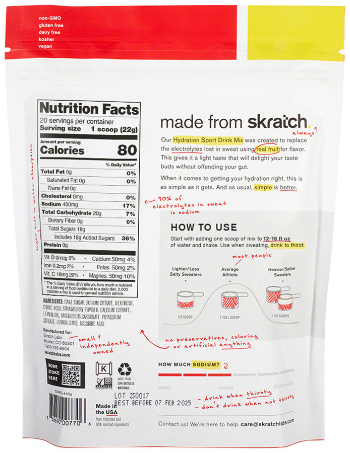 Skratch Labs Hydration Sport Drink Mix - Strawberry Lemonade, 20 -Serving Resealable Pouch - Sport Hydration - Hydration Sport Drink Mix