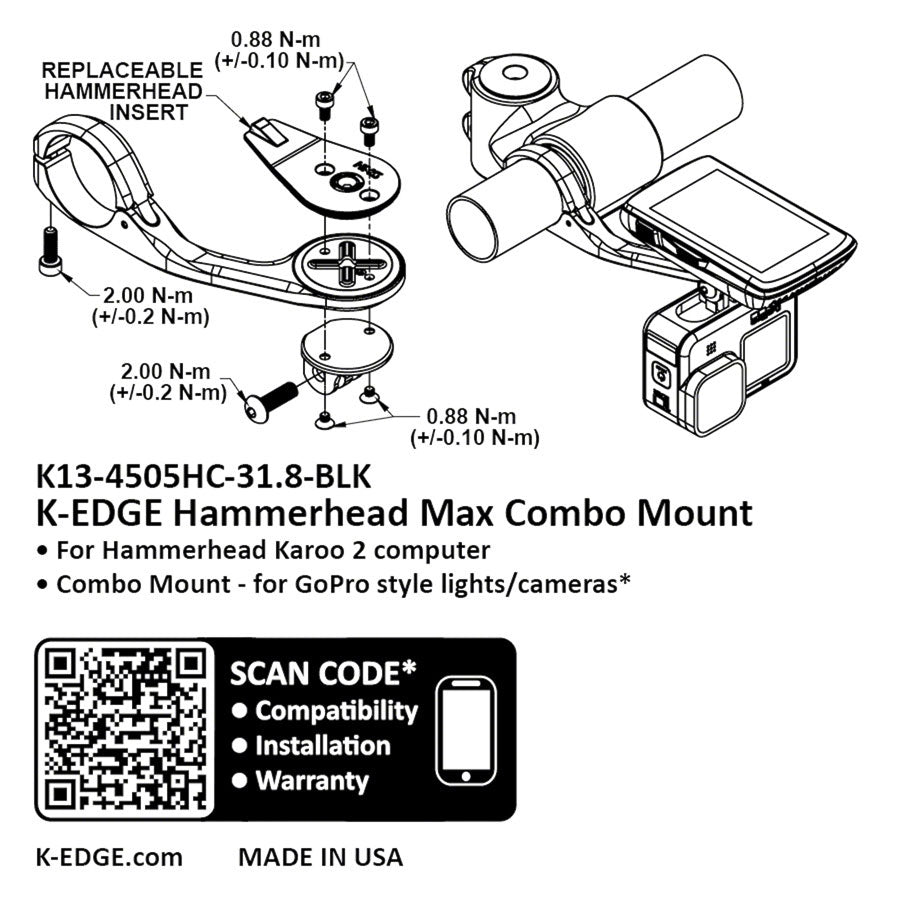 K-EDGE Hammerhead MAX XL Combo Mount - 31.8mm, Black Anodize MPN: K13-4505HC-31.8-BLK UPC: 850027128528 Computer Mount Kit/Adapter Hammerhead Max XL Combo Mount