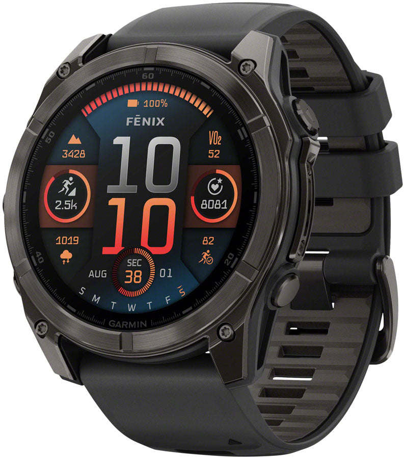 Garmin fenix 8 Smartwatch - 51mm, AMOLED, Sapphire, Carbon Gray DLC Titanium with Black/Pebble Gray Silicone MPN: 010-02905-20 UPC: 753759338190 Fitness Computers fenix 8 Smartwatch AMOLED Sapphire