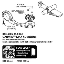 K-EDGE Garmin Max XL Mount - 31.8, Black - Computer Mount Kit/Adapter - Garmin Max XL Mount