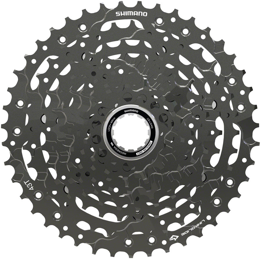 Shimano CUES  CS-LG400-10 Cassette - 10 Speed, 11-43t, LINKGLIDE, Black MPN: ECSLG40010143 UPC: 192790171562 Cassettes CUES CS-LG400 LINKGLIDE Cassette