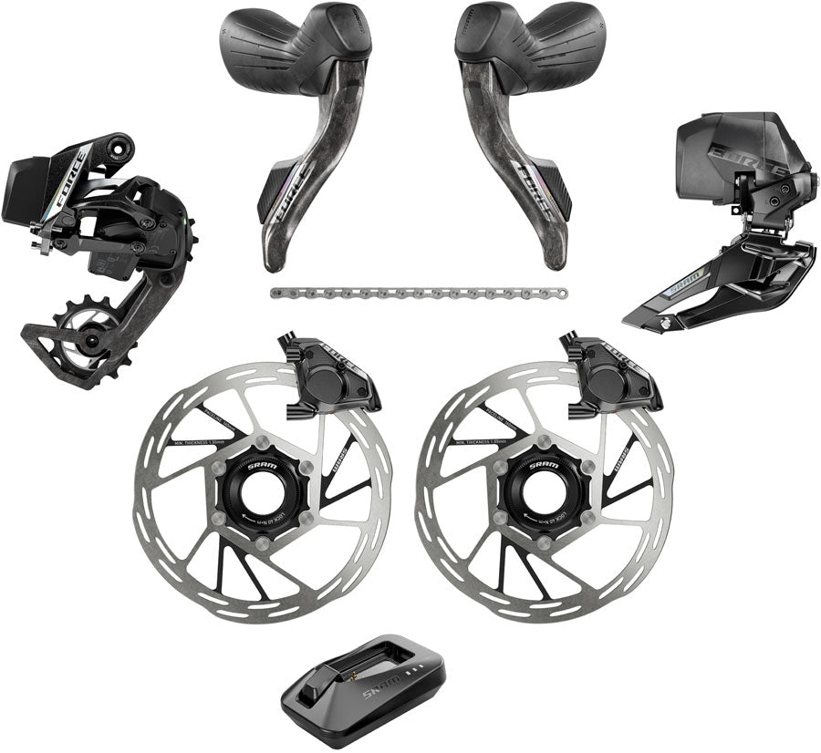 SRAM Force eTap AXS Road Groupset - 2x12-Speed, HRD Shift/Brake Levers, FM Calipers, CL Rotors, Chain, F/R Derailleurs, MPN: 00.7918.418.000 UPC: 710845929045 Kit-In-A-Box Road Group Force eTap AXS Electronic Groupset E1/E2