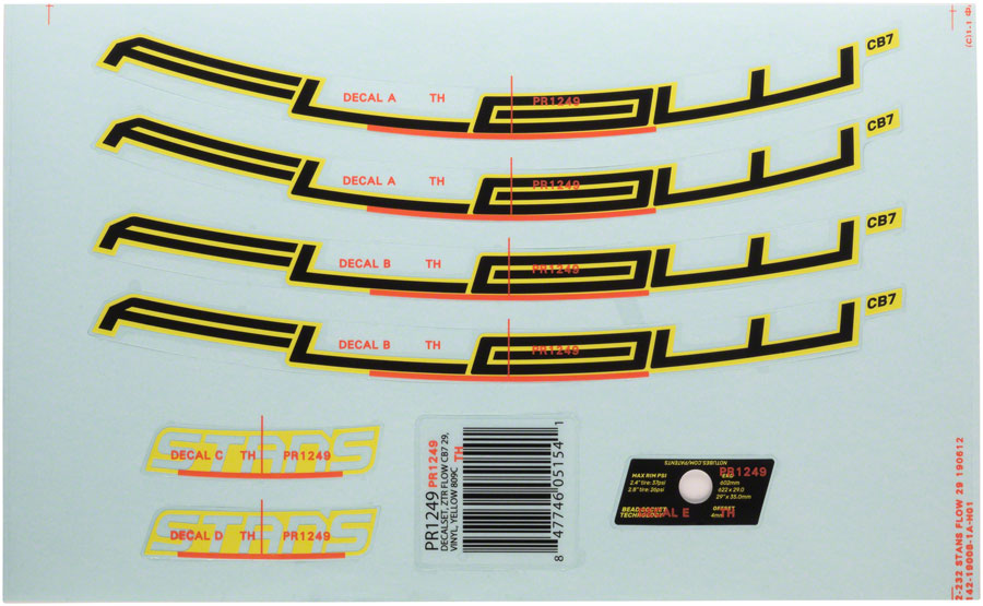 Stan's No Tubes Flow CB7 Rim Decal - 29", Yellow, Set MPN: PR1249 UPC: 847746051541 Rim Part Flow CB7 Rim Decal