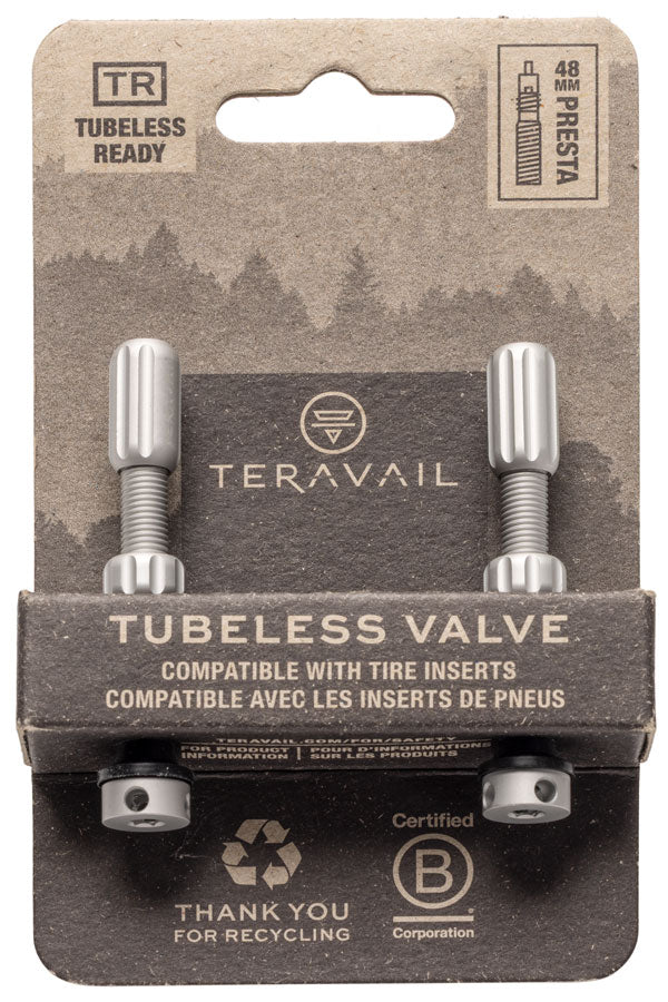 Teravail Alloy Tubeless Valves - Pair, 48mm,  Matte Silver MPN: YF-00240-48MM UPC: 708752530508 Tubeless Valves Alloy Tubeless Valves
