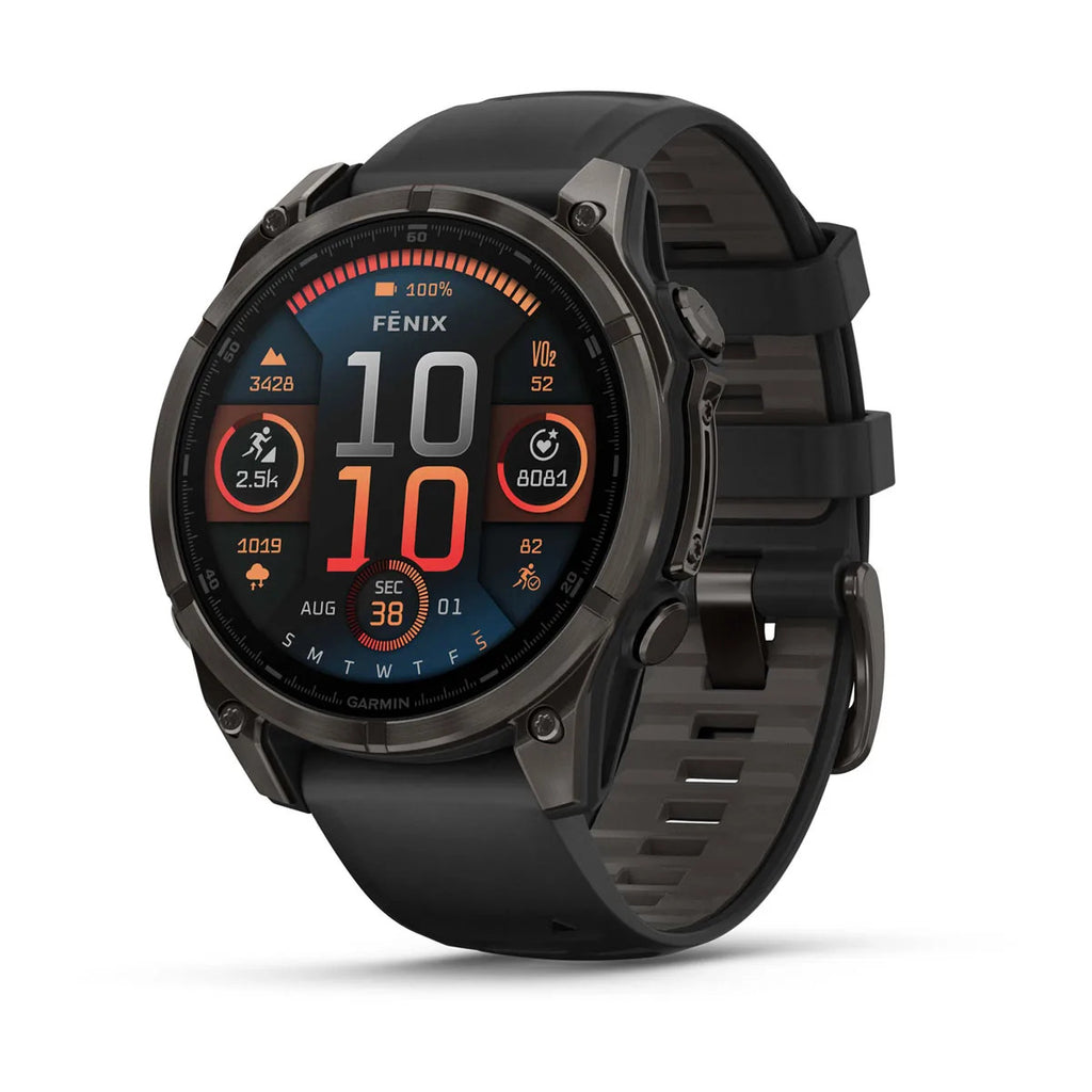 Garmin fenix 8 Smartwatch - 47mm, AMOLED, Sapphire, Carbon Gray DLC Titanium with Black/Pebble Gray Silicone MPN: 010-02904-20 UPC: 753759338107 Fitness Computers fenix 8 Smartwatch AMOLED Sapphire