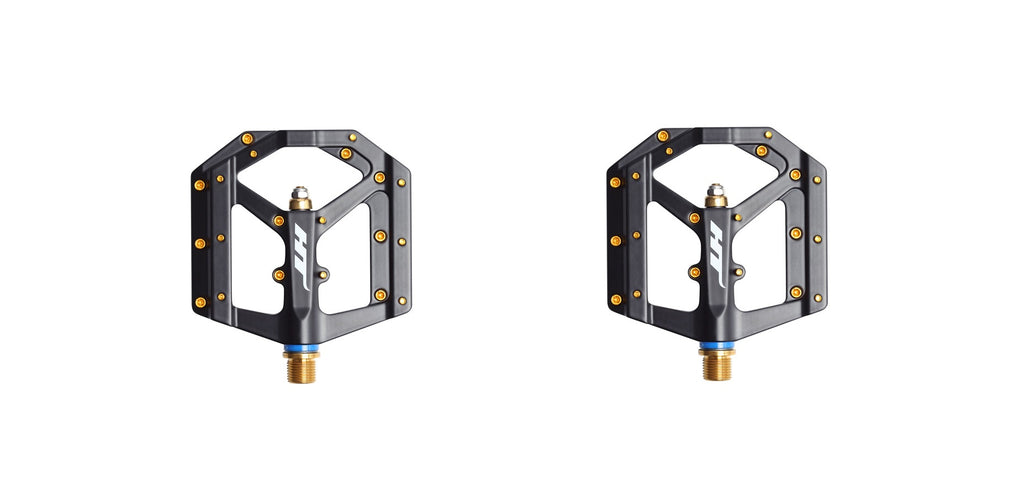 ht me03 pedals HT Components ME03T Platform Pedals with Titanium 9/16 Spindle Black Gold Pins