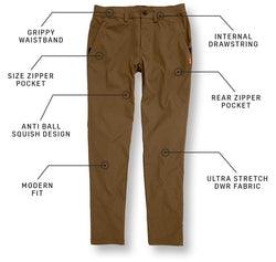 KETL Mtn Tomfoolery Travel Pants 32" Inseam: Stretchy, Packable, Casual Chino Style W/ Zipper Pockets - Brown Men's Casual Pants Tomfoolery Travel Pant 32"