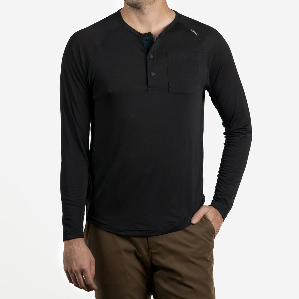 KETL Mtn Departed Featherweight Performance Henley Pocket Travel Tee - Men's Athletic Lightweight Packable Long Sleeve Shirt Black - T-Shirt - Departed Featherweight Performance Henley Pocket Tee