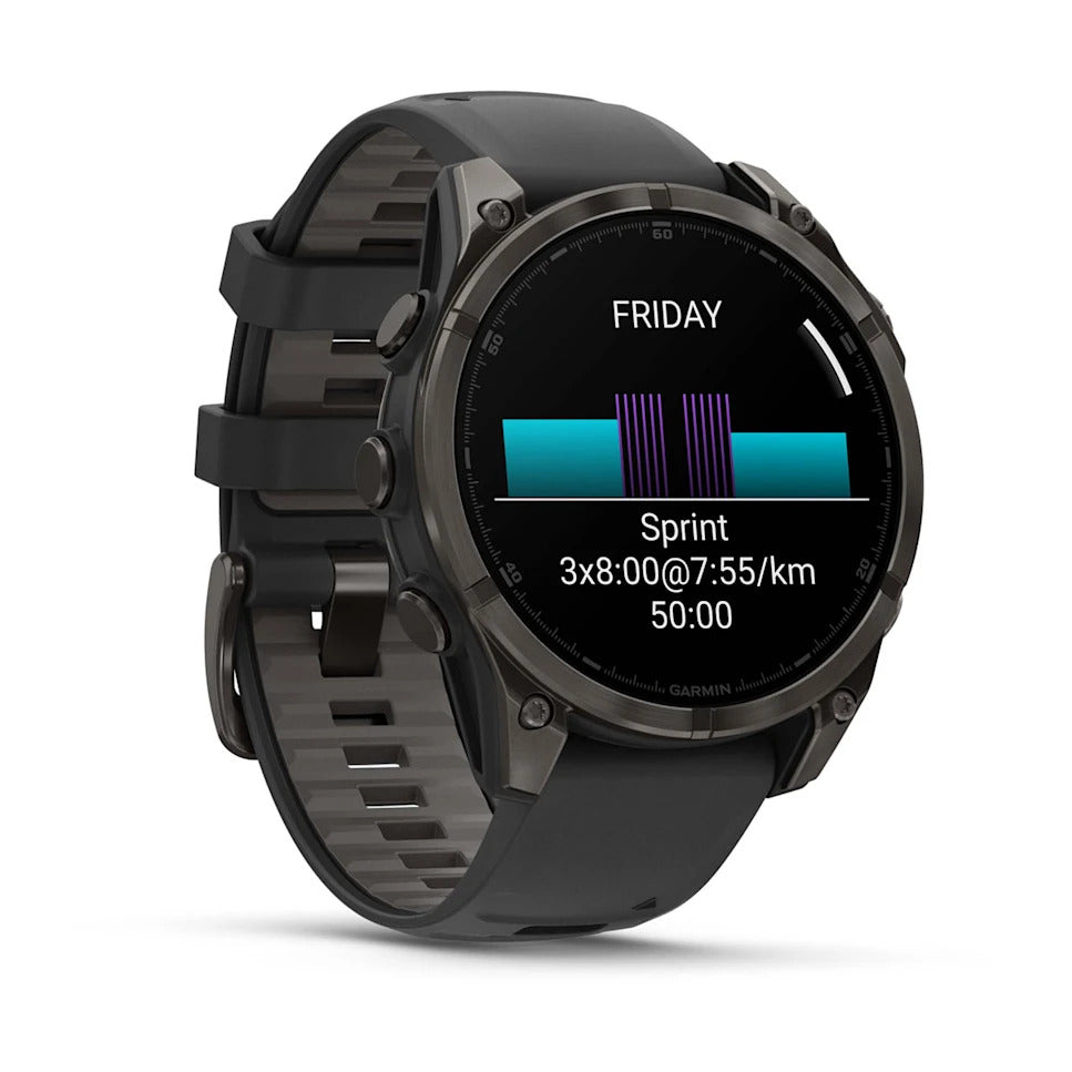 Garmin fenix 8 Smartwatch - 47mm, AMOLED, Sapphire, Carbon Gray DLC Titanium with Black/Pebble Gray Silicone MPN: 010-02904-20 UPC: 753759338107 Fitness Computers fenix 8 Smartwatch AMOLED Sapphire