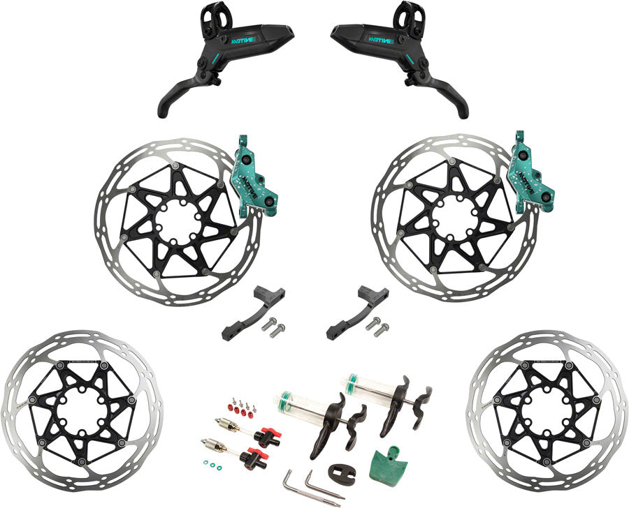 SRAM Motive Ultimate Stealth Expert Disc Brake Kit - Front/Rear Levers,Front/Rear Teal Splatter Calipers, Adapters, Rotors, Bleed Kit, A1