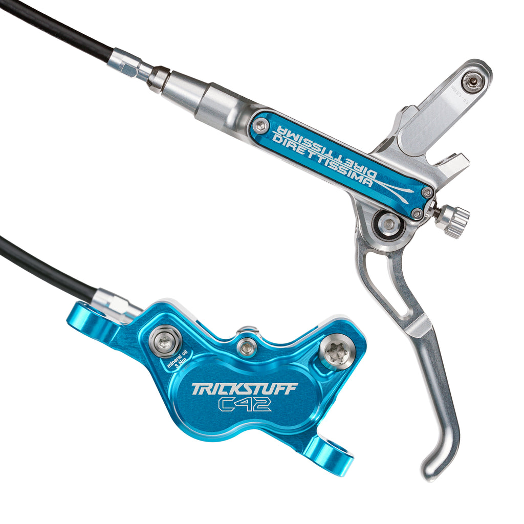 Trickstuff Direttissima Brakeset, Silver/Cyan, Kevlar Hose Front 900mm - Rear 1700mm, C42 Caliper